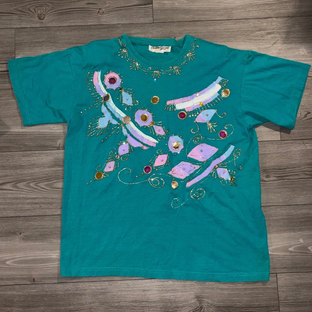 Vintage Christine Gerard Teal Embellished Beaded Art Top 90s Y2K Womens L